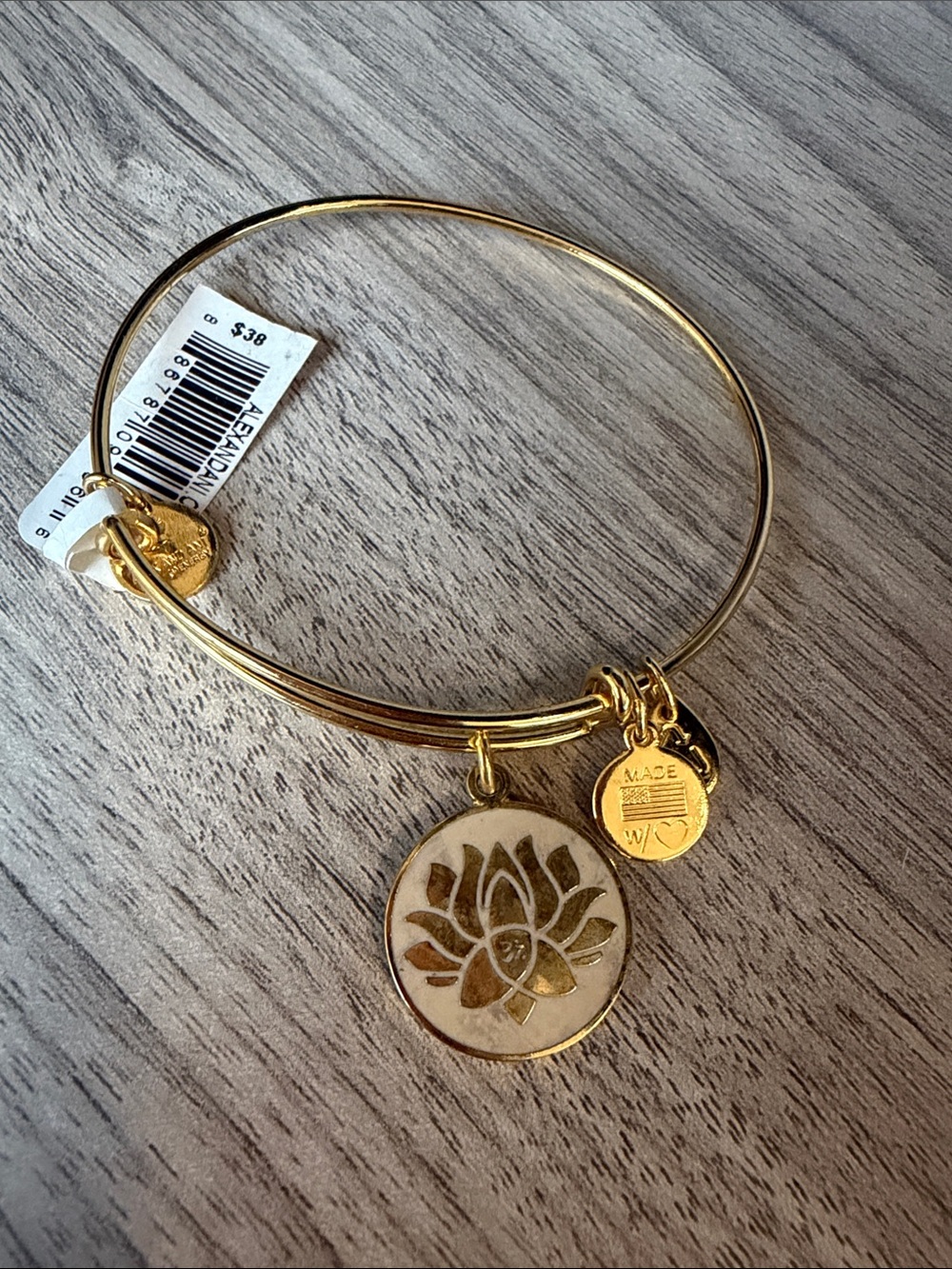 Alex and Ani Gold Lotus Charm Bangle with Cream Enamel